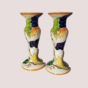 Hand painted ceramic candle holders w/ fruit  & leaf design